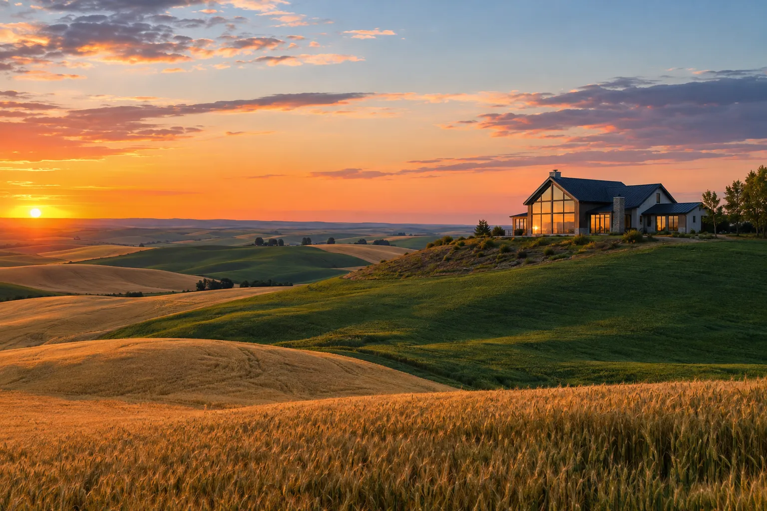 Rolling wheat hills of the Palouse at sunset with a farmhouse on the ridge