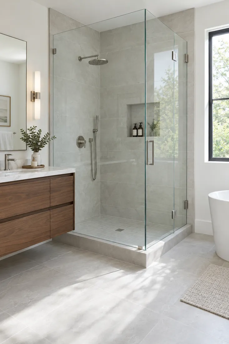 Frameless clear glass shower enclosure in a bright modern bathroom